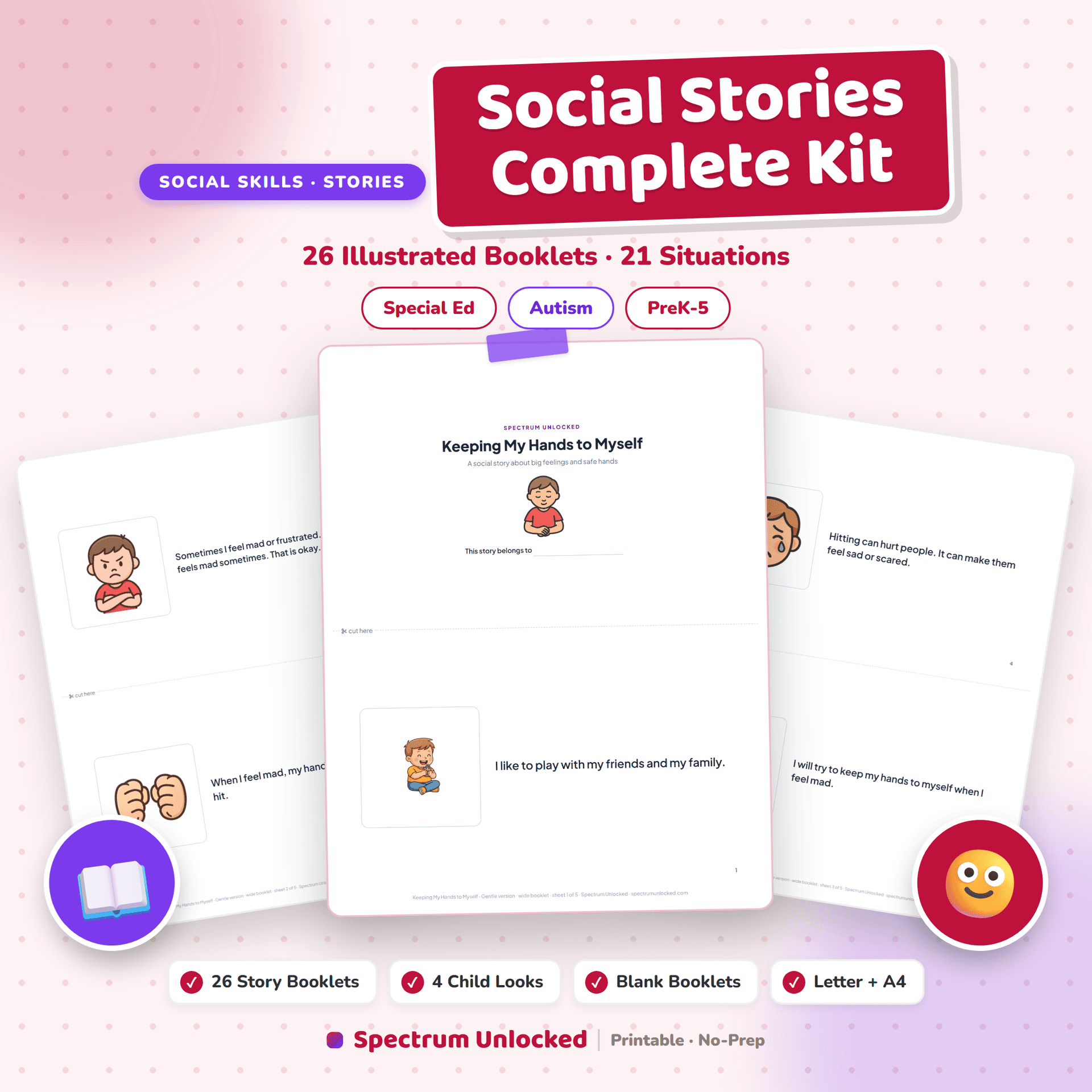 Social Stories Complete Kit cover showing 26 illustrated printable social story booklets