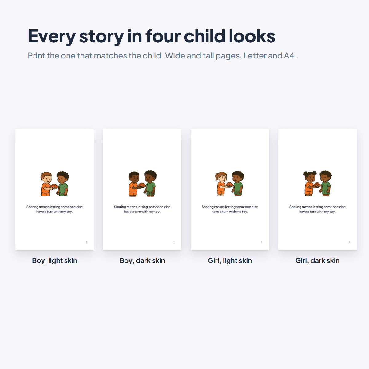 A Social Stories for Kindergarteners page in four child looks, a boy or a girl with light or dark skin