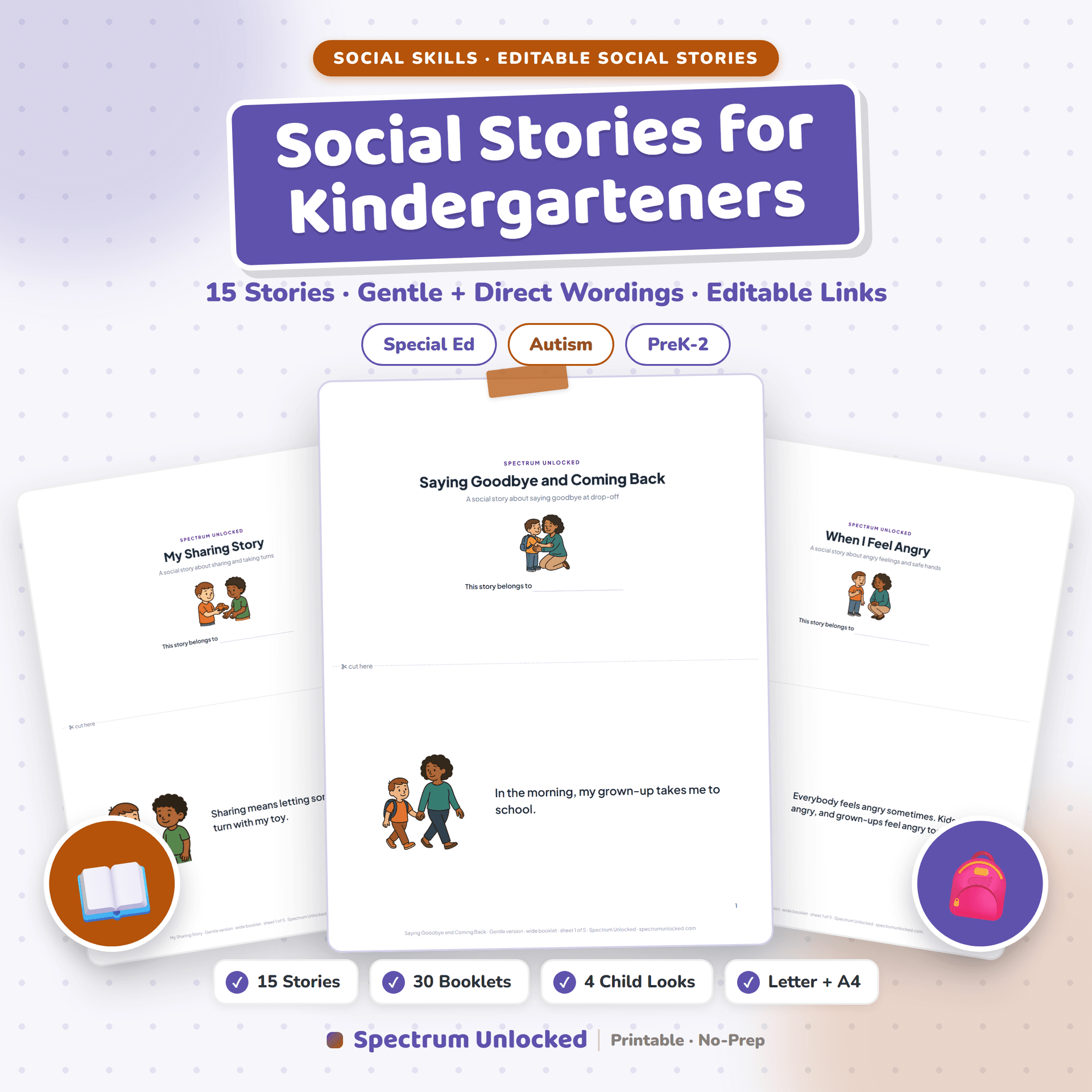 Social Stories for Kindergarteners cover, all 15 printable social stories for young autistic children