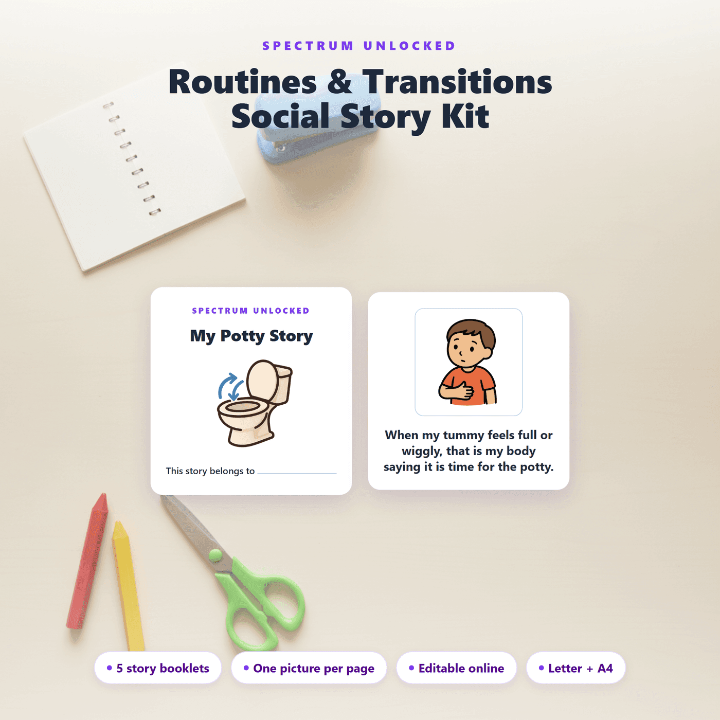 Routine Social Stories cover showing five illustrated printable stories for daily routines