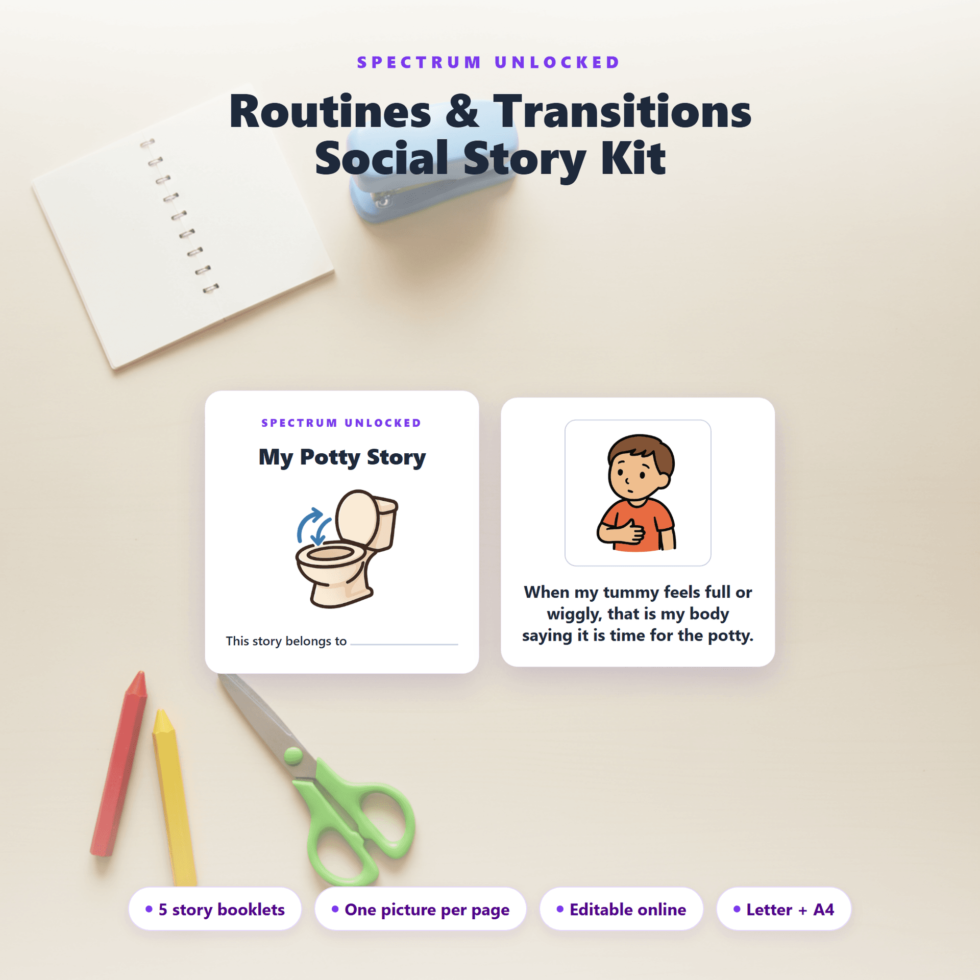 Routine Social Stories cover showing five illustrated printable stories for daily routines