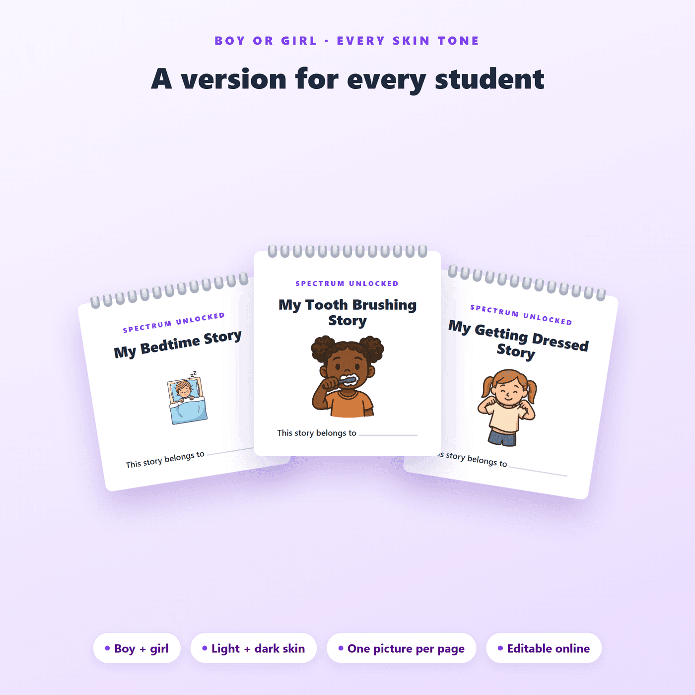 Illustrated pages from the Routine Social Stories pack