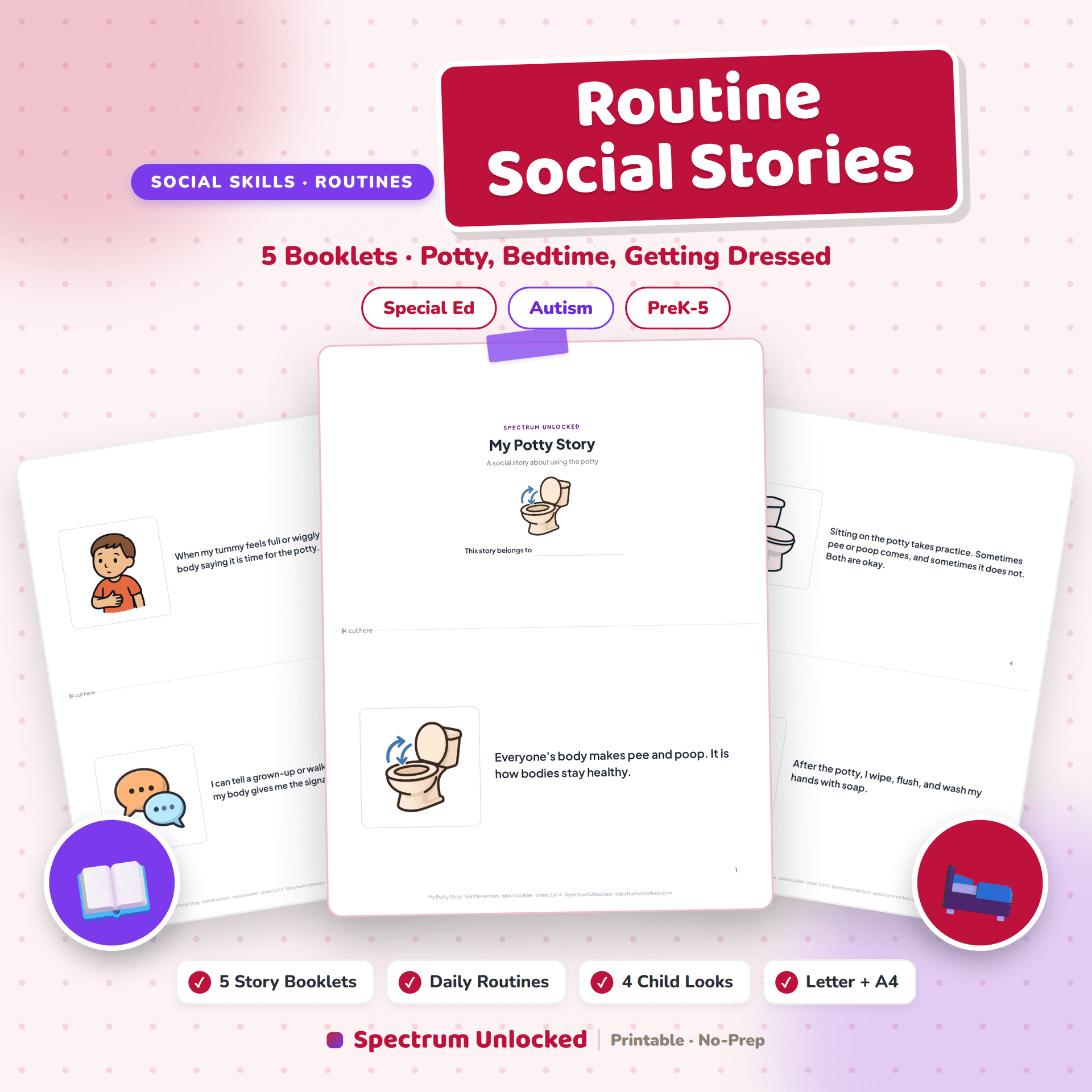 Routine Social Stories cover, five booklets covering potty, bedtime and getting dressed, in four child looks
