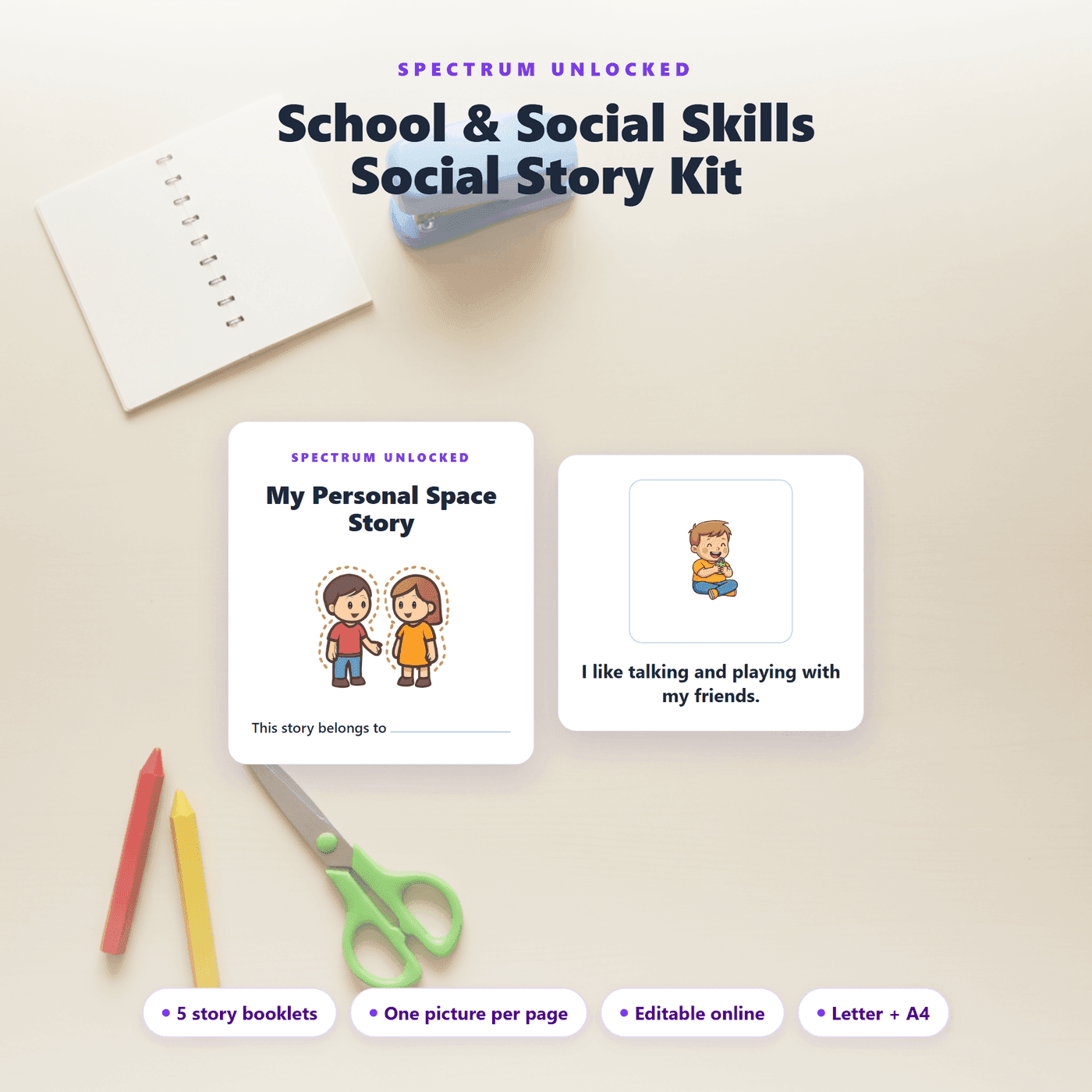 School Social Stories cover showing five illustrated printable stories for school routines
