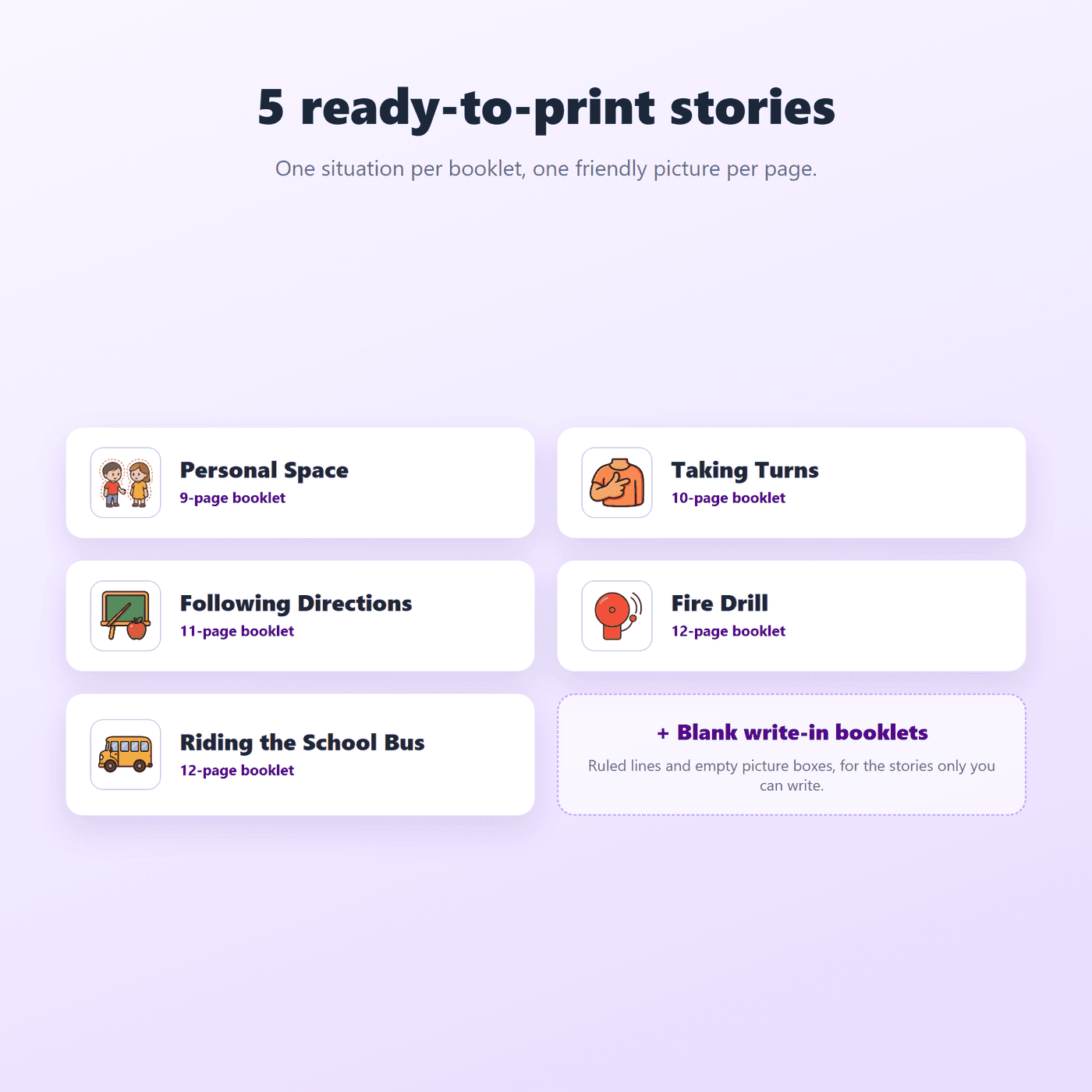 What is included in the School Social Stories pack across personal space, turns, directions and drills