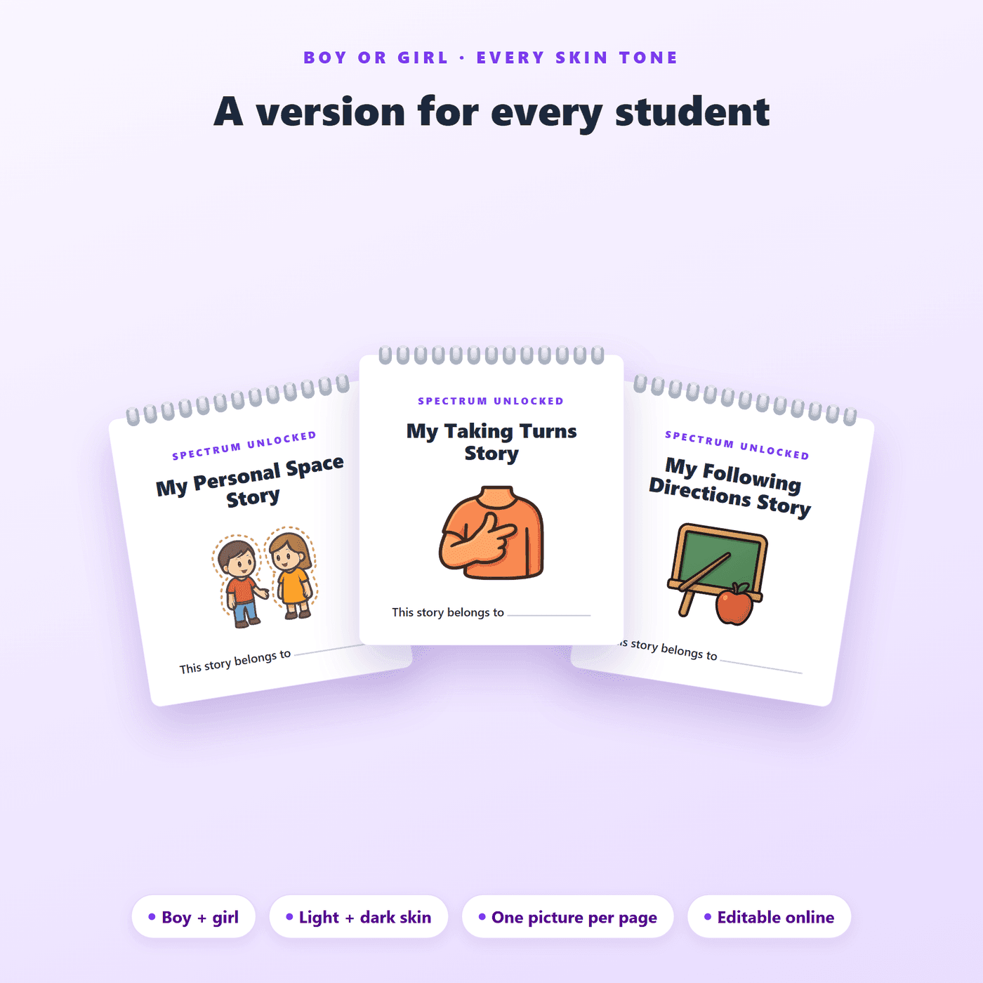 Illustrated pages from the School Social Stories pack