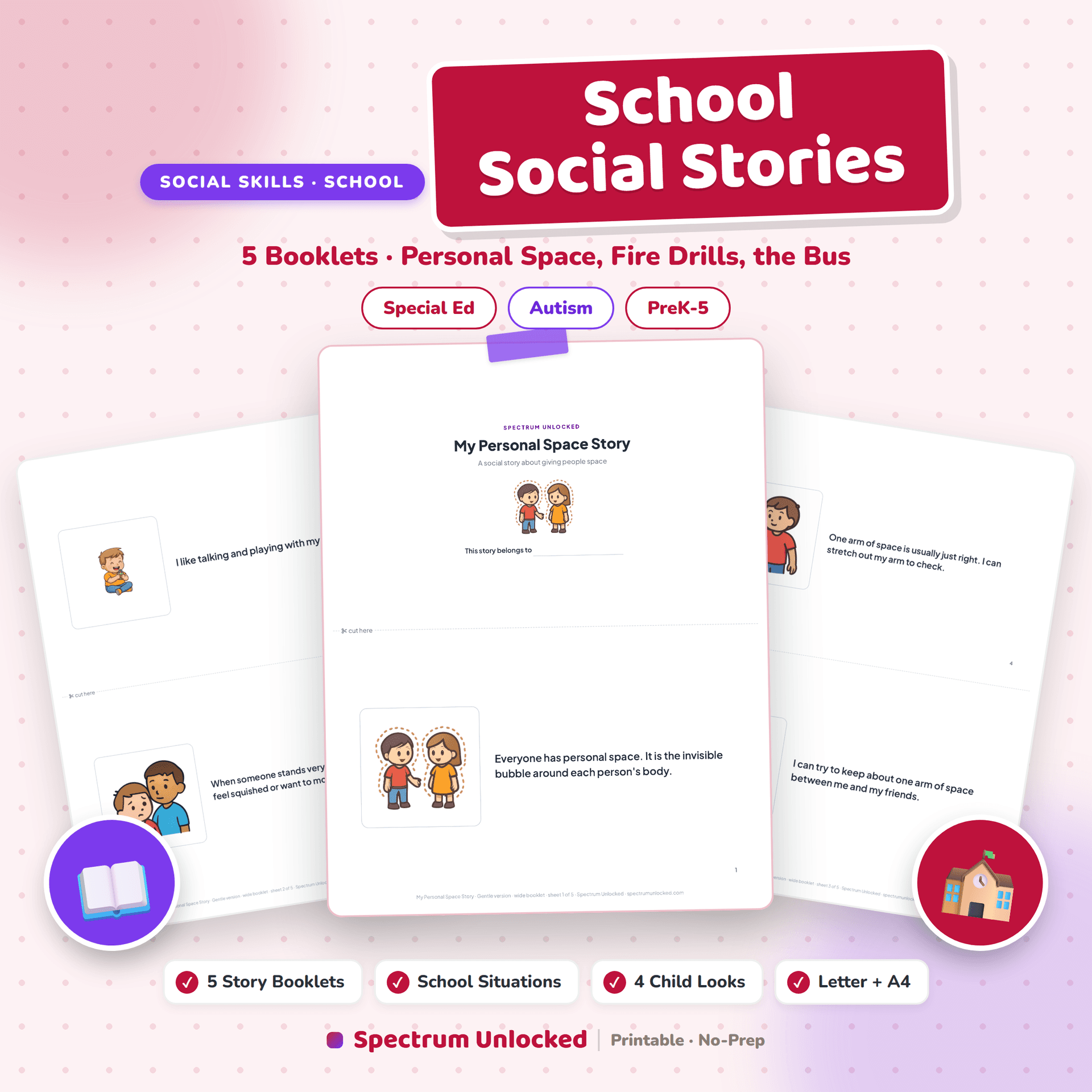 School Social Stories cover, five booklets covering personal space, fire drills and the bus, in four child looks