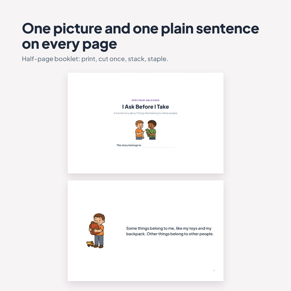 Pages from the Stealing Social Story showing a child asking a friend for a turn with a toy dinosaur