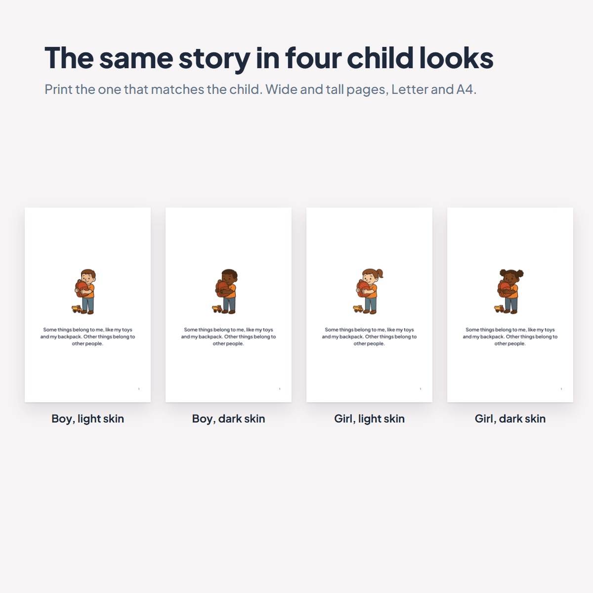 The Stealing Social Story in four child looks, a boy or a girl with light or dark skin