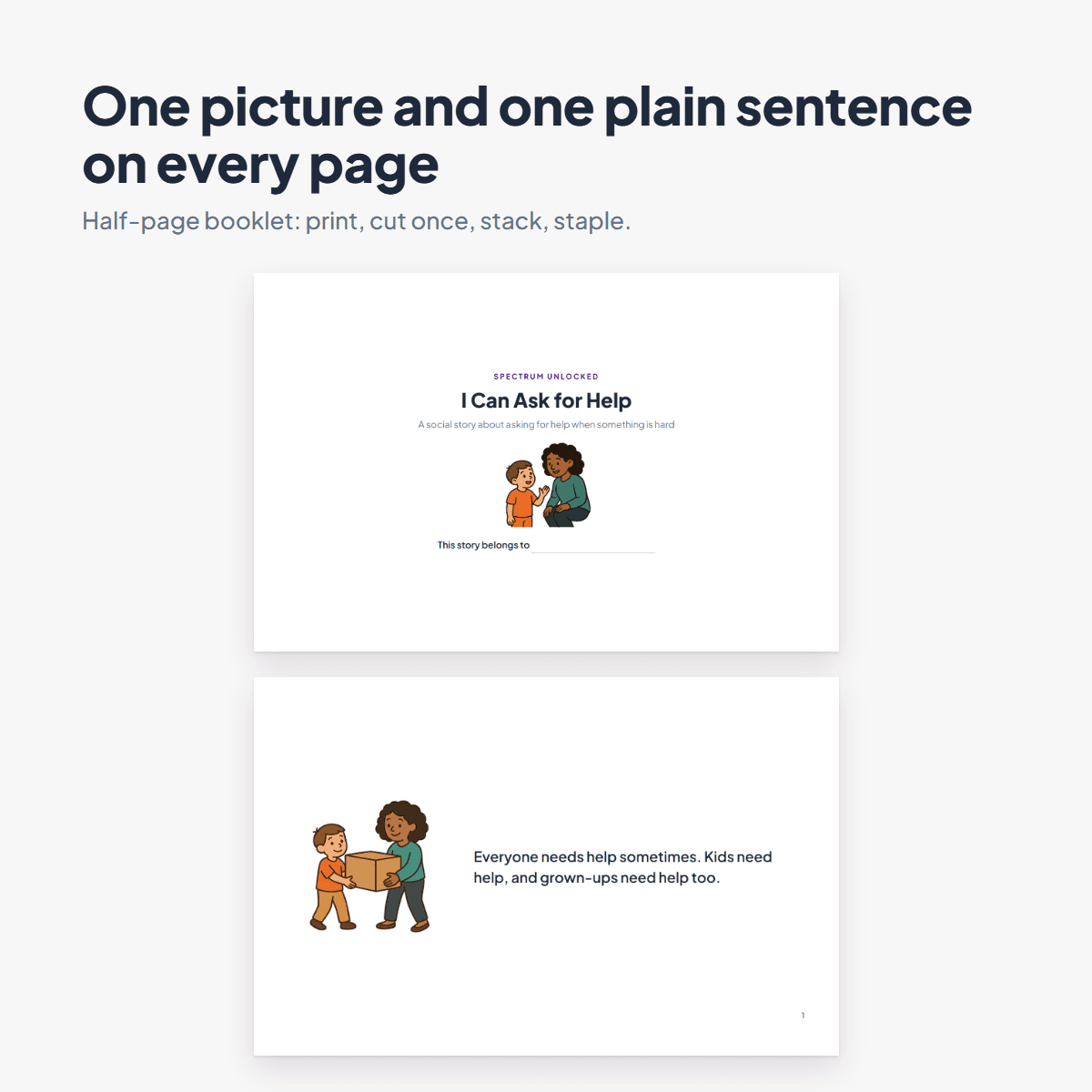 Pages from the Asking for Help Social Story showing a child asking a grown-up for help