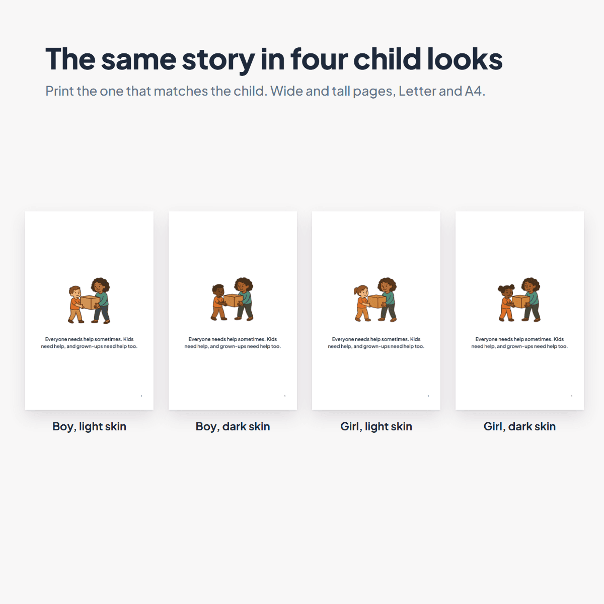 The Asking for Help Social Story in four child looks, a boy or a girl with light or dark skin