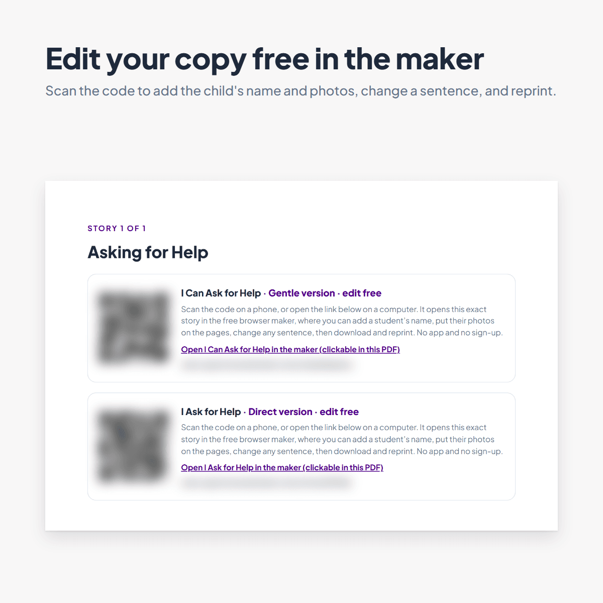 Guide page for the Asking for Help Social Story with a shareable link and QR code