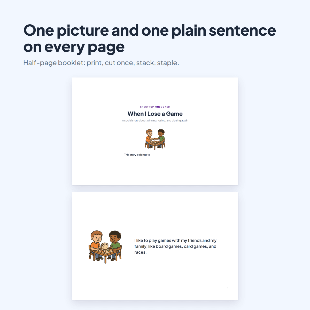 Pages from the Losing a Game Social Story showing two children shaking hands over a board game