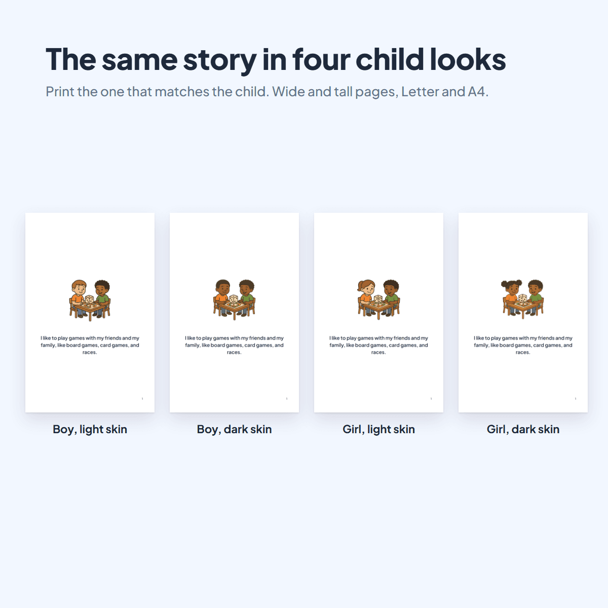 The Losing a Game Social Story in four child looks, a boy or a girl with light or dark skin