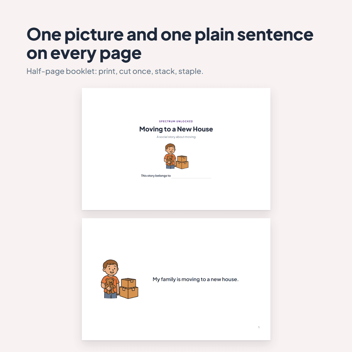 Pages from the Moving Social Story showing a child beside a stack of moving boxes