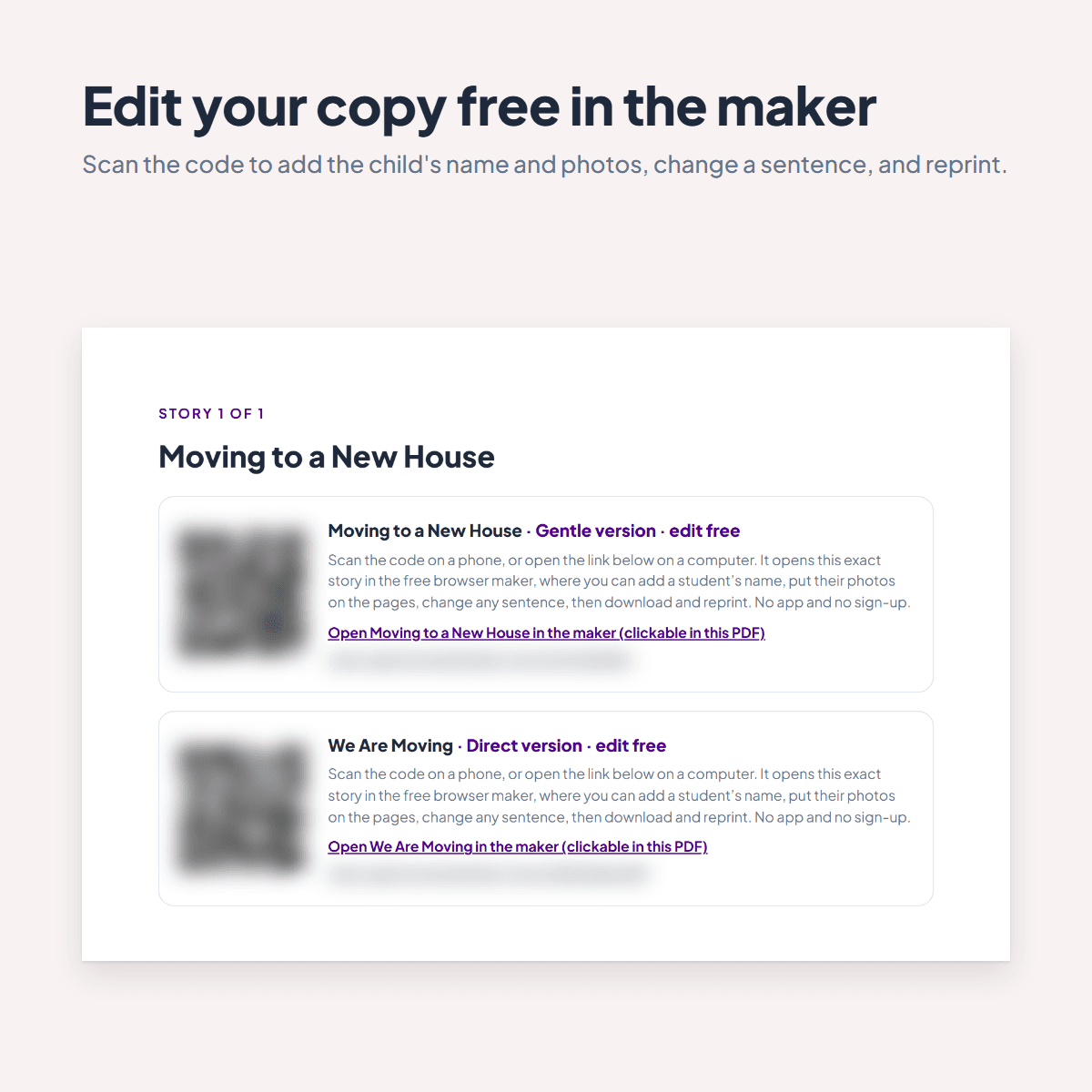 Guide page for the Moving Social Story with a shareable link and QR code