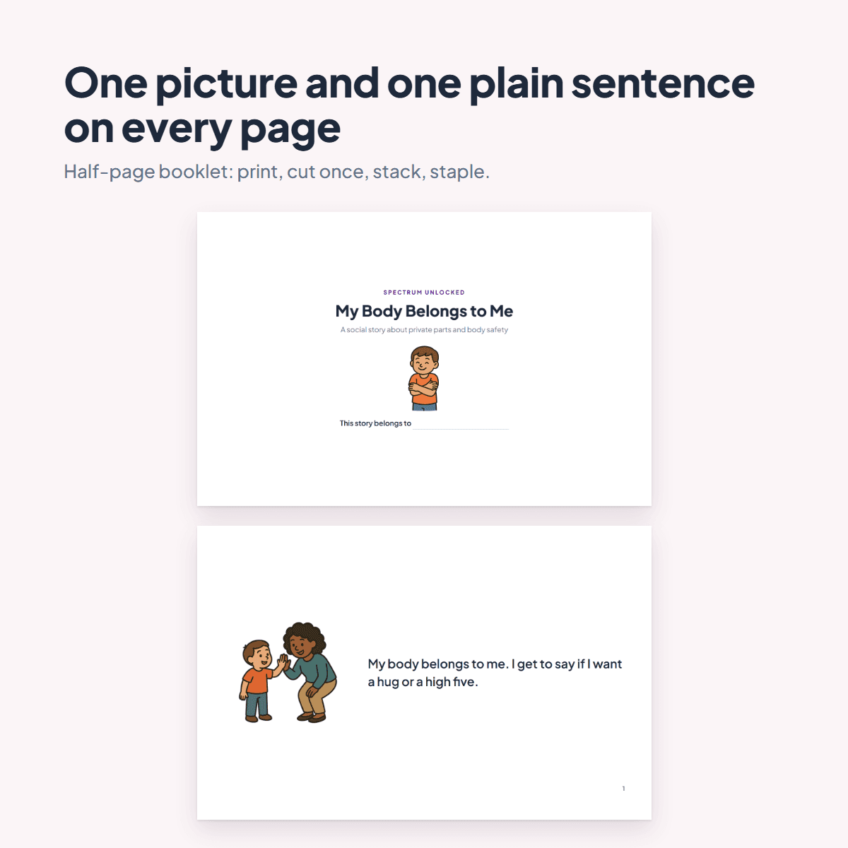 Pages from the Private Parts Social Story showing a child telling a safe grown-up