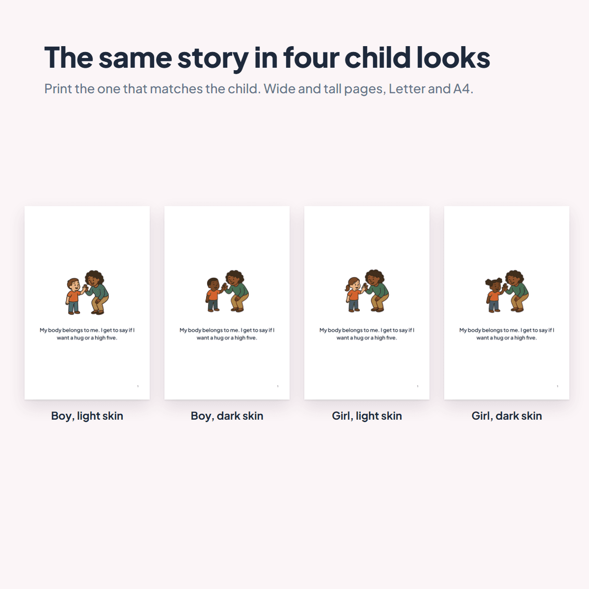 The Private Parts Social Story in four child looks, a boy or a girl with light or dark skin