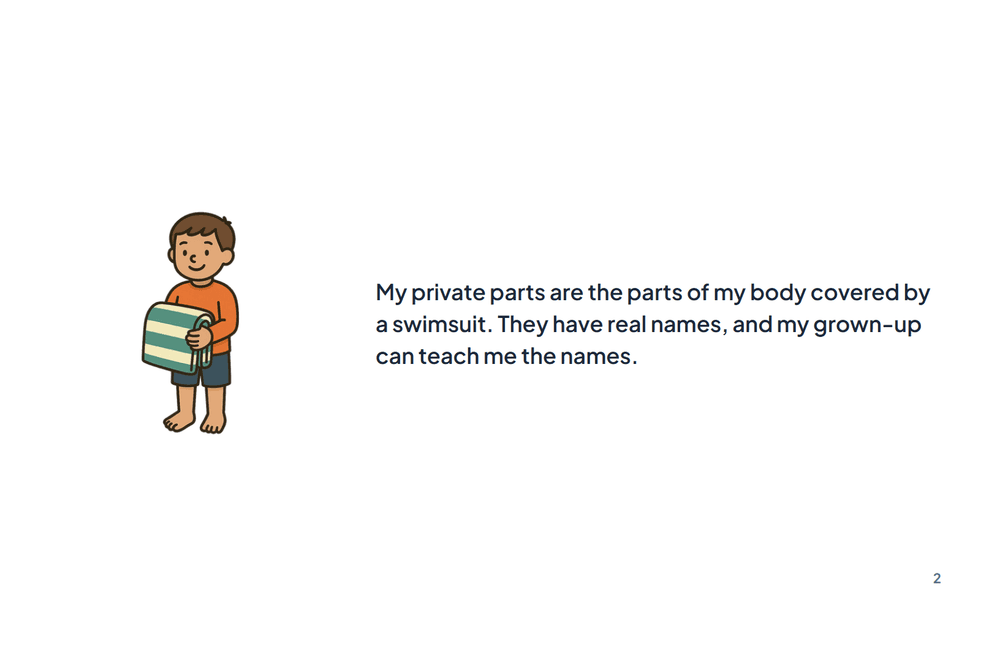 Page 2 of the story: My private parts are the parts of my body covered by a swimsuit. They have real names, and my grown-up can teach me the names.
