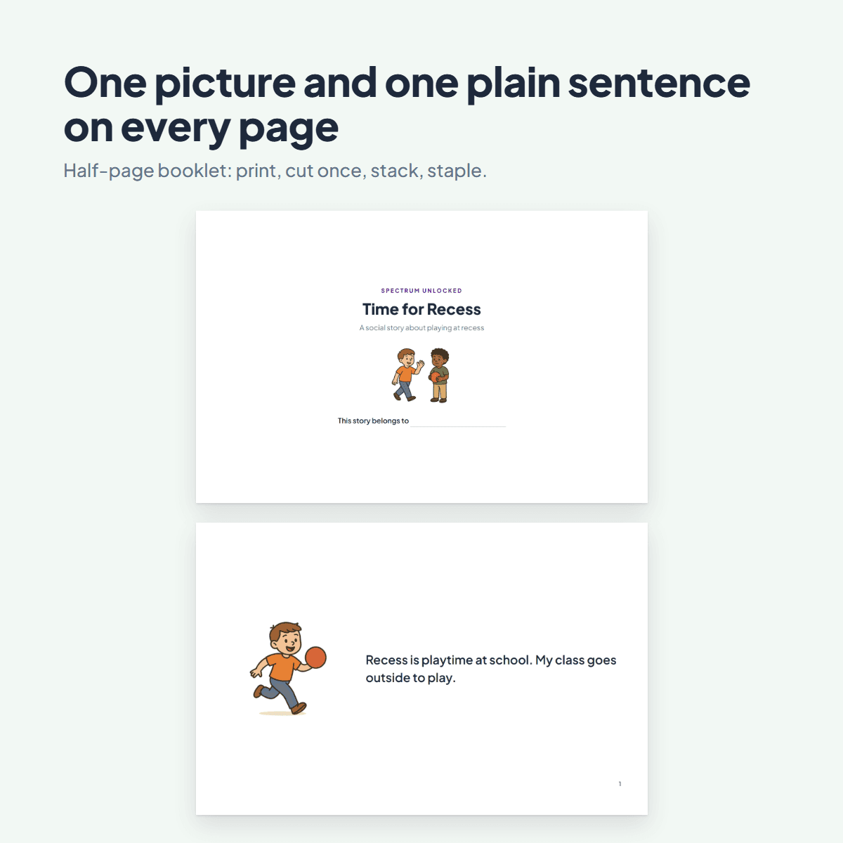 Pages from the Recess Social Story showing a child asking a friend to play at recess