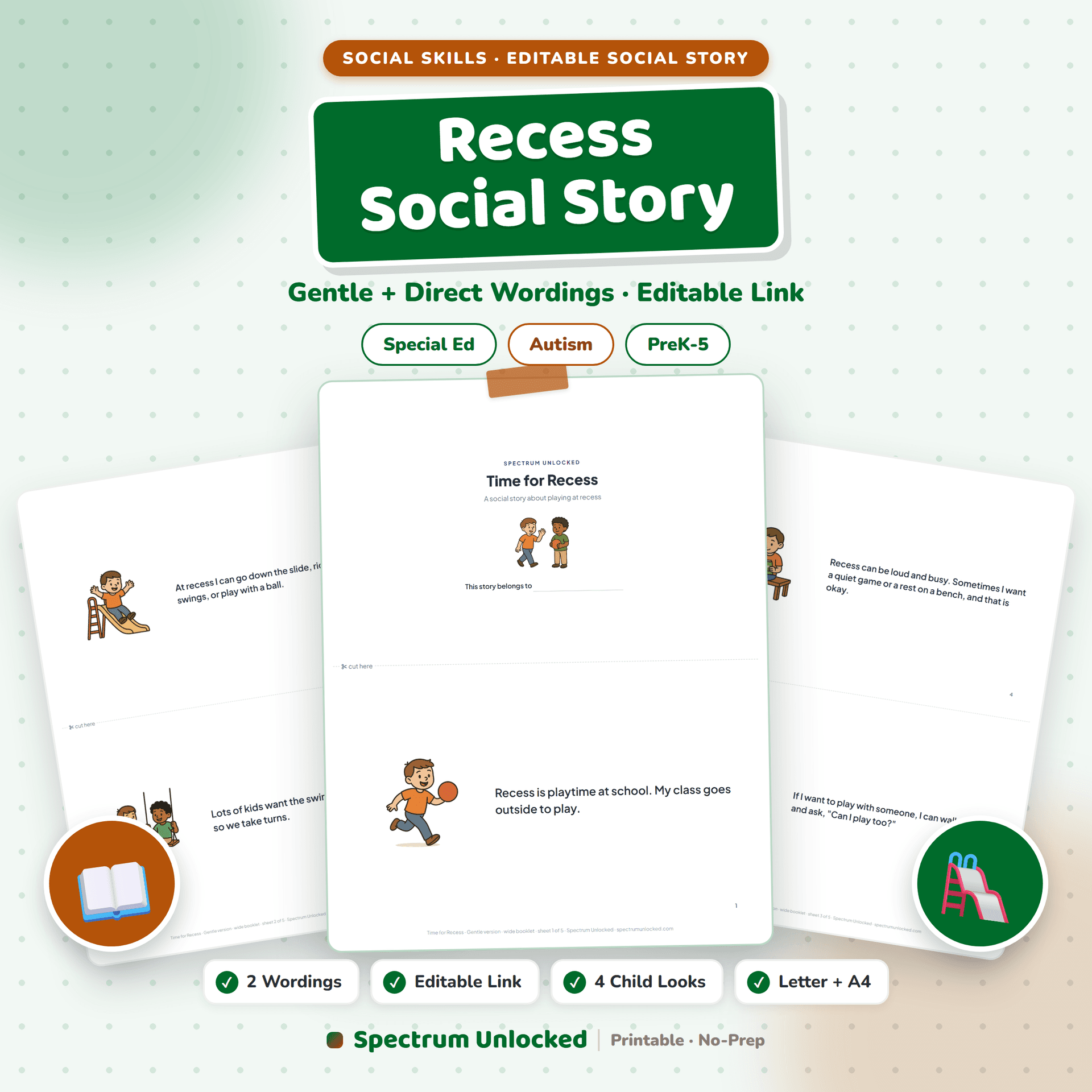 Recess Social Story cover, a printable story about recess at school