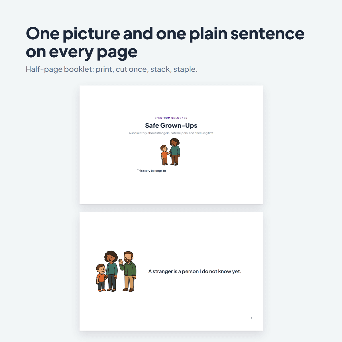 Pages from the Stranger Danger Social Story showing a child checking first with a grown-up