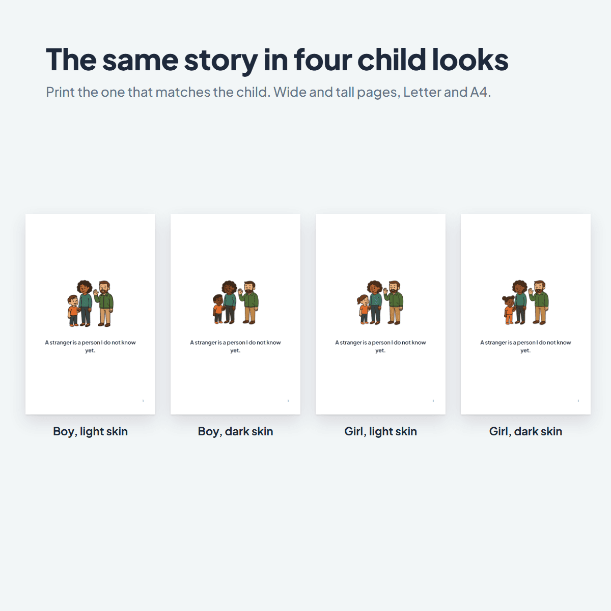 The Stranger Danger Social Story in four child looks, a boy or a girl with light or dark skin
