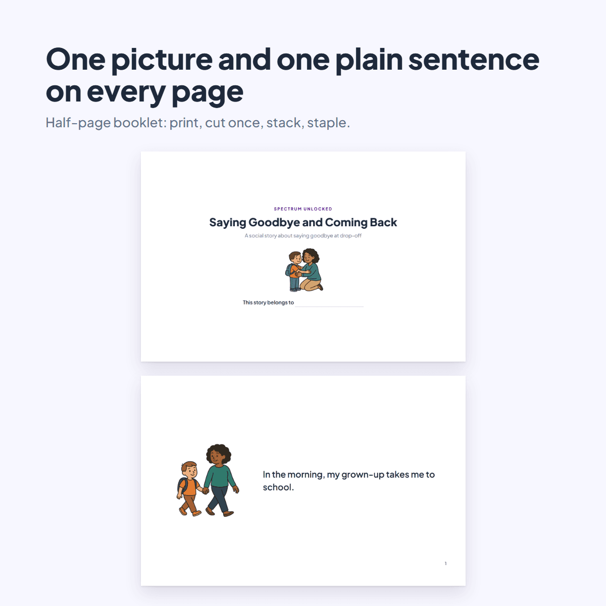 Pages from the Separation Anxiety Social Story showing a grown-up hugging a child goodbye at drop-off