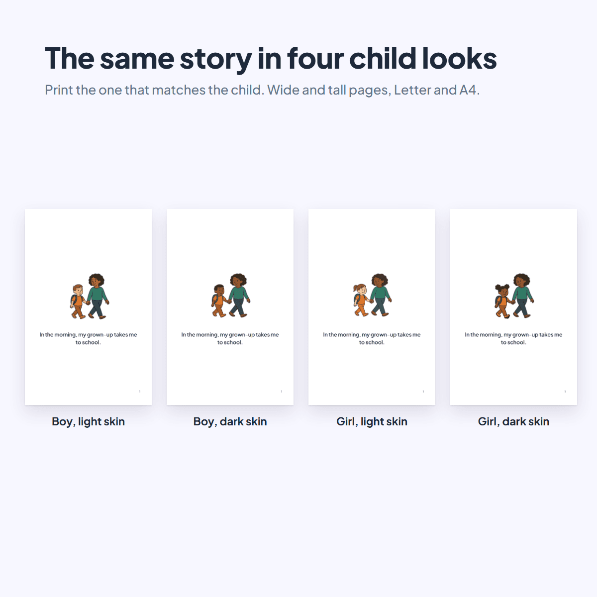 The Separation Anxiety Social Story in four child looks, a boy or a girl with light or dark skin