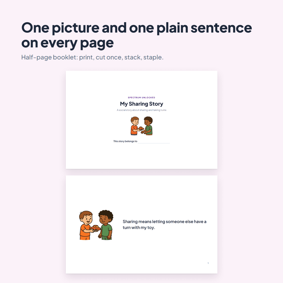 Pages from the Sharing Social Story showing two children taking turns with a toy car