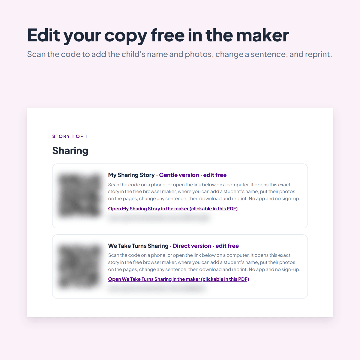 Guide page for the Sharing Social Story with a shareable link and QR code