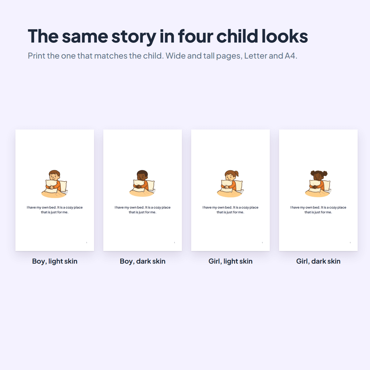 The Sleeping in My Own Bed Social Story in four child looks, a boy or a girl with light or dark skin