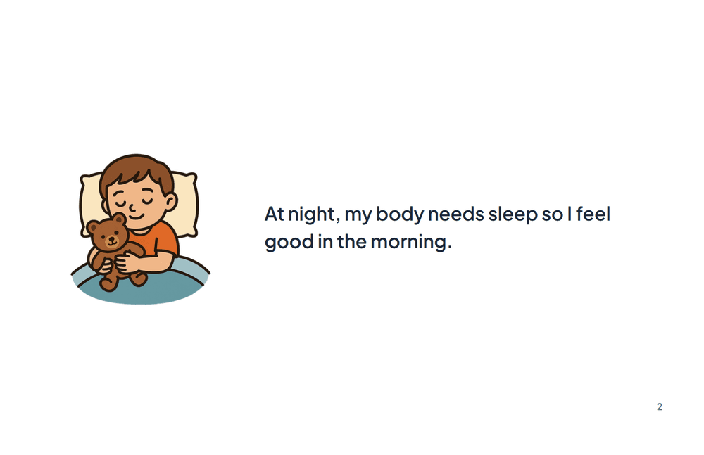 Page 2 of the story: At night, my body needs sleep so I feel good in the morning.