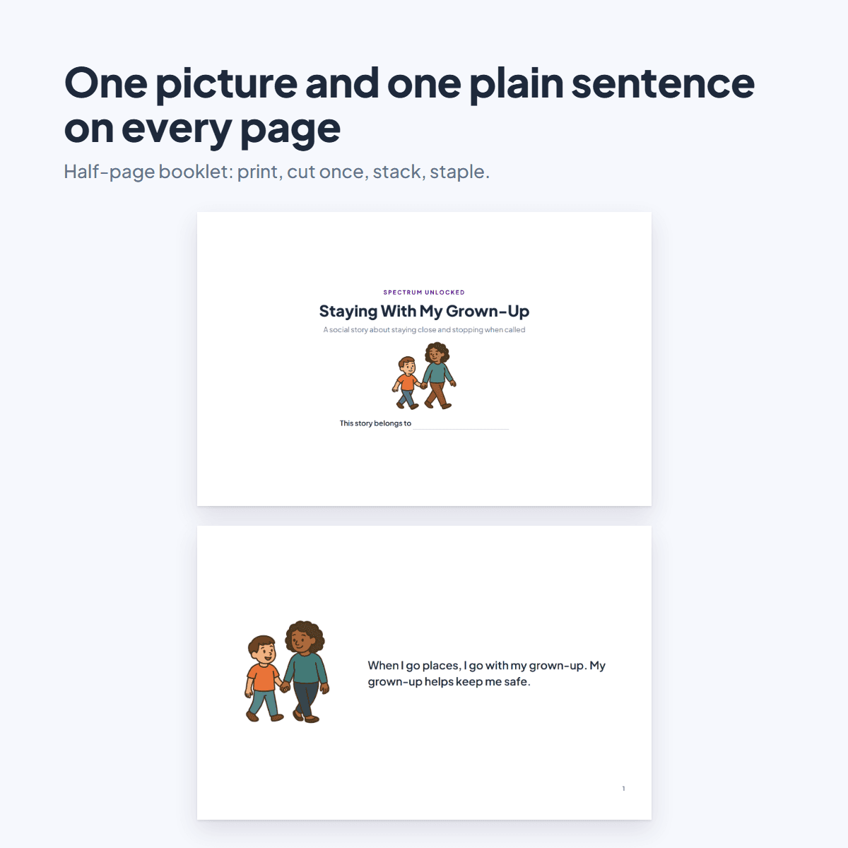 Pages from the Elopement Social Story showing a child holding a grown-up's hand