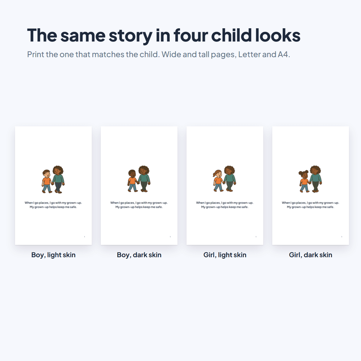 The Elopement Social Story in four child looks, a boy or a girl with light or dark skin
