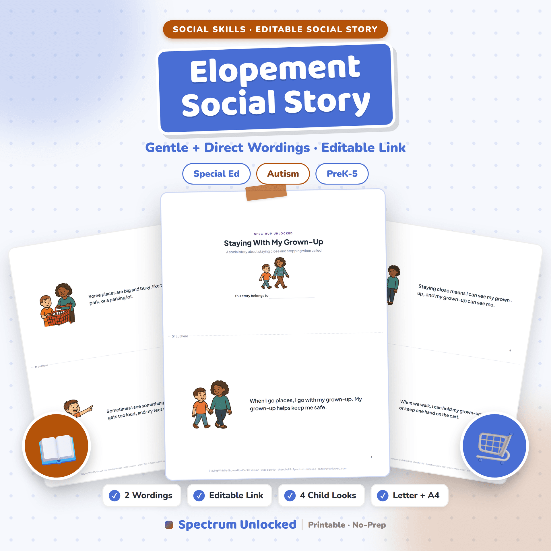 Elopement Social Story cover, a printable story about staying with a grown-up