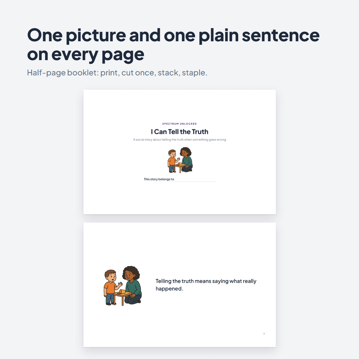 Pages from the Lying Social Story showing a child telling a grown-up about a spilled cup
