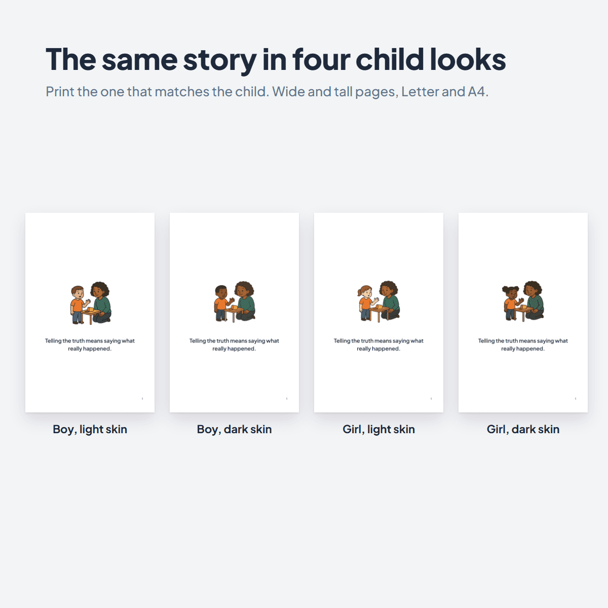 The Lying Social Story in four child looks, a boy or a girl with light or dark skin