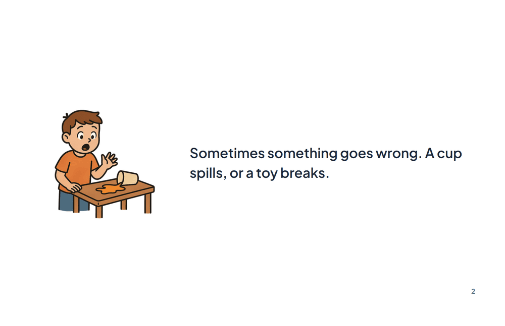 Page 2 of the story: Sometimes something goes wrong. A cup spills, or a toy breaks.