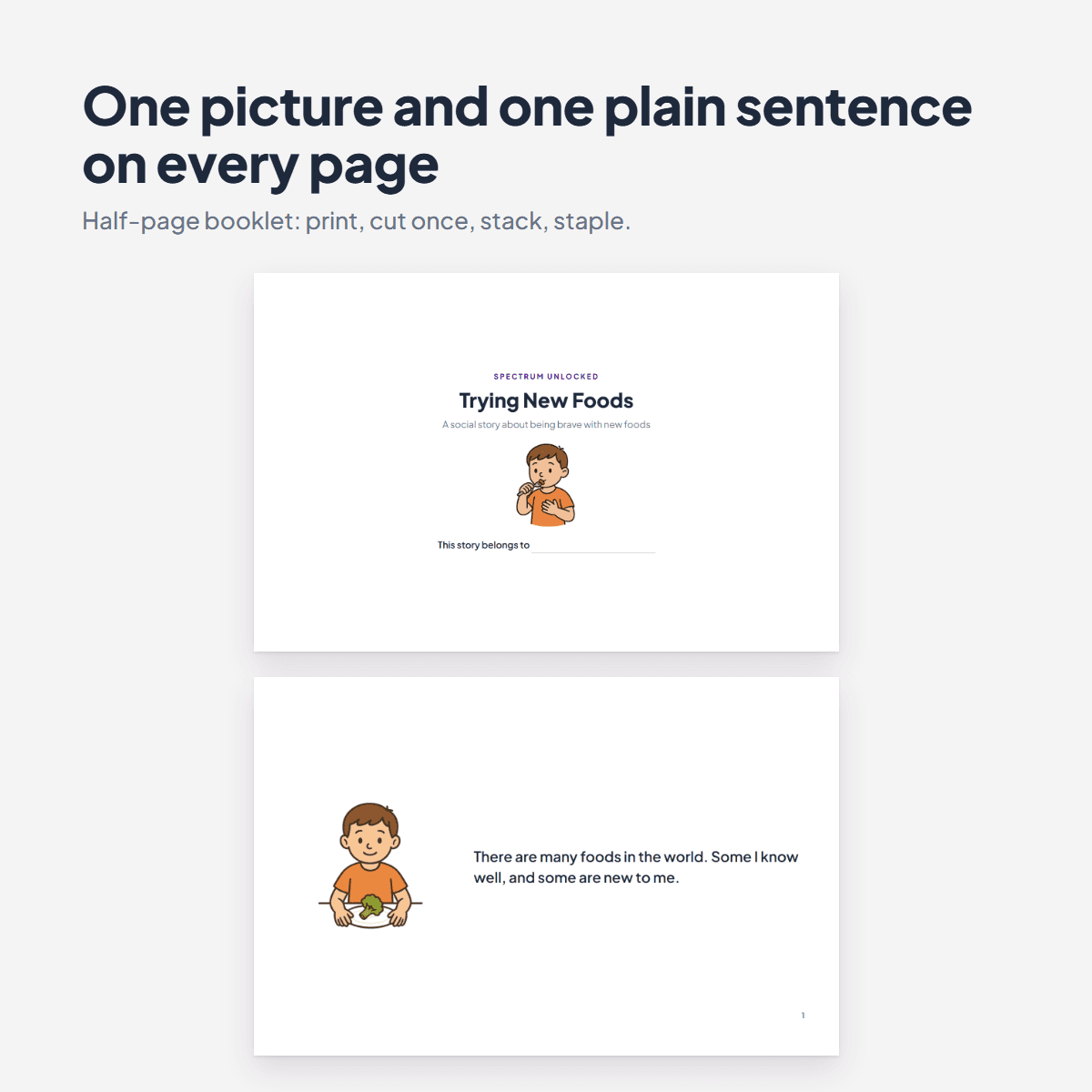 Pages from the Trying New Foods Social Story showing a child taking a tiny bite