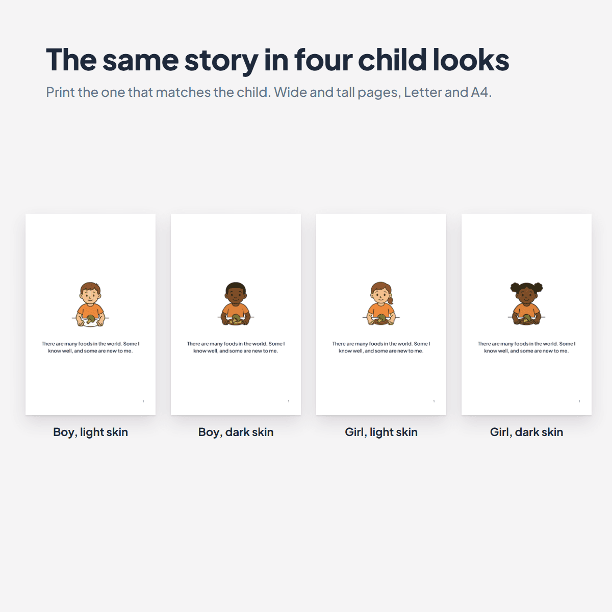 The Trying New Foods Social Story in four child looks, a boy or a girl with light or dark skin