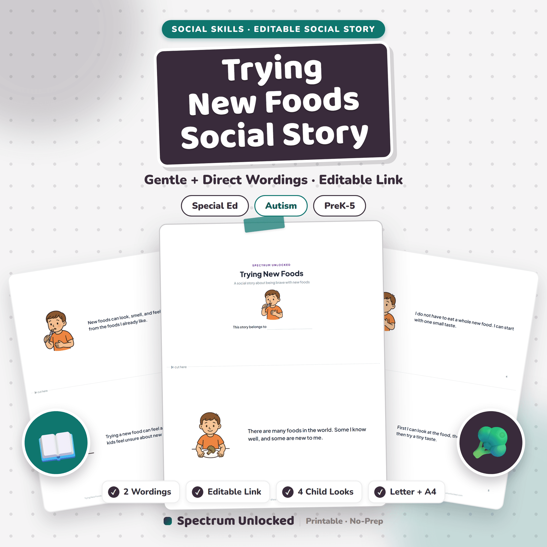 Trying New Foods Social Story cover, a printable story for picky eaters