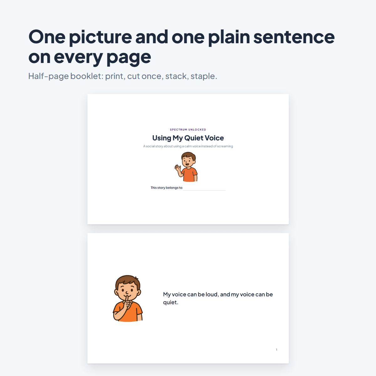 Pages from the No Screaming Social Story showing a child talking in a calm voice