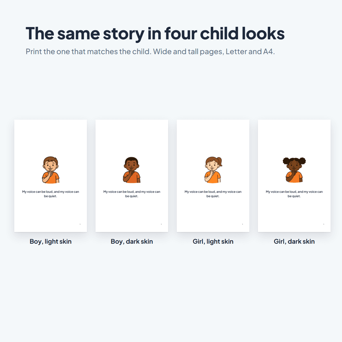 The No Screaming Social Story in four child looks, a boy or a girl with light or dark skin