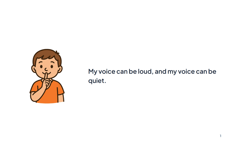 Page 1 of the story: My voice can be loud, and my voice can be quiet.