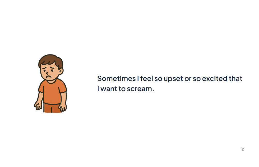 Page 2 of the story: Sometimes I feel so upset or so excited that I want to scream.