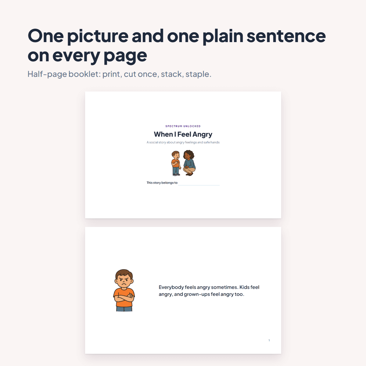 Pages from the Anger Social Story showing a child telling a grown-up about an angry feeling
