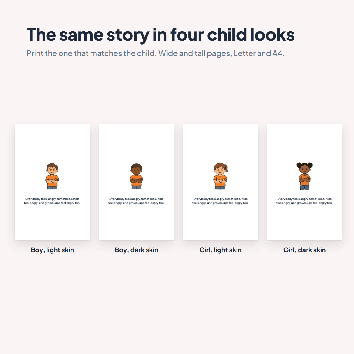 The Anger Social Story in four child looks, a boy or a girl with light or dark skin