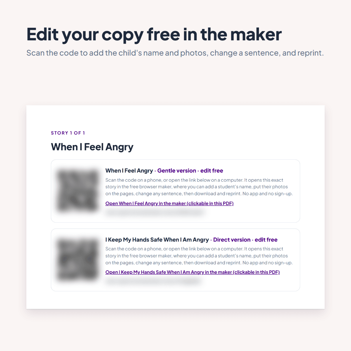 Guide page for the Anger Social Story with a shareable link and QR code