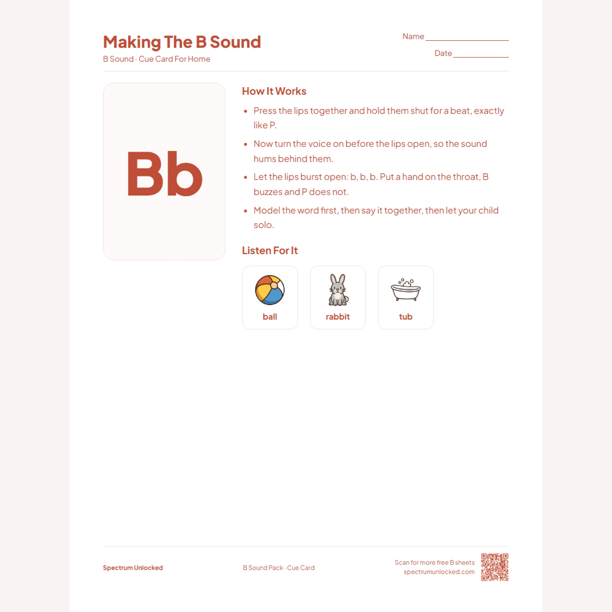 Send-home cue card from the B Sound Articulation Worksheets Pack